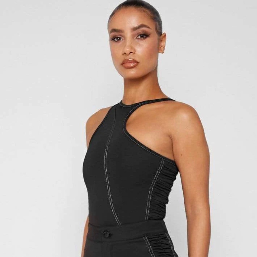 NWT Asymmetric Ruched Side Bodysuit - Black